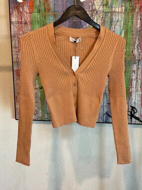 Jonathan Simkhai Estela Ribbed Cardigan Small Butterscotch Ribbed V Neck NWT